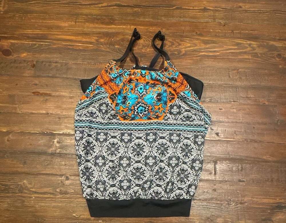 Swim by Cacique Black & White Mandala Print Tankini Swim Top Size 14
